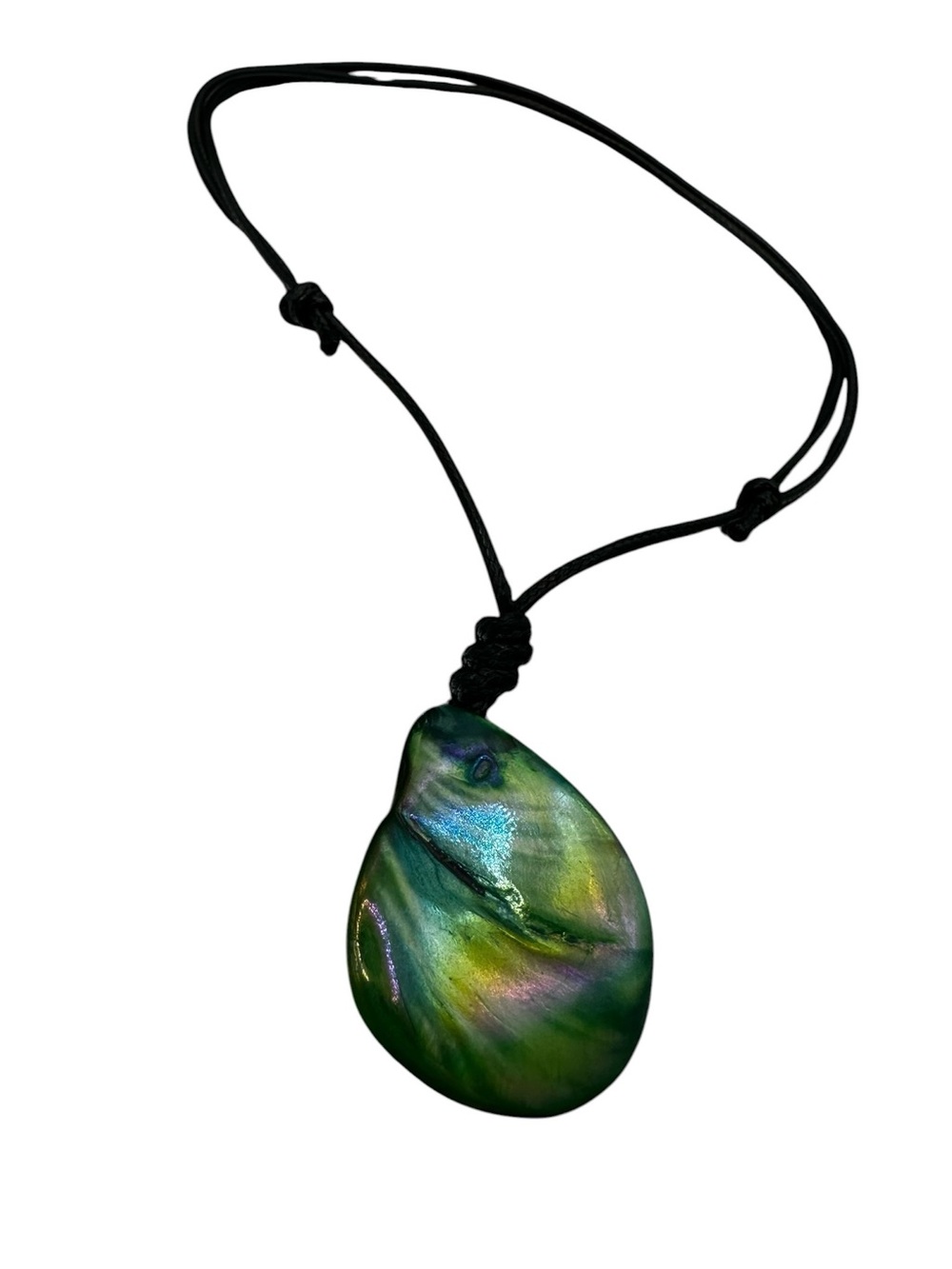 Iridescent Green Shell Teardrop Pendant Necklace on Black Cord